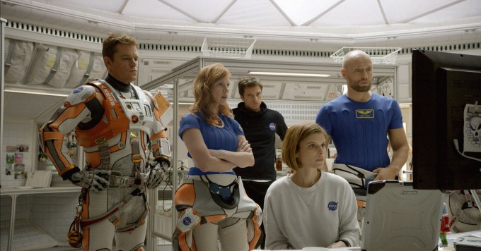 (from left) Matt Damon, Jessica Chastain, Sebastian Stan, Kate Mara, and Aksel Hennie portray the crewmembers of the fateful mission to Mars.